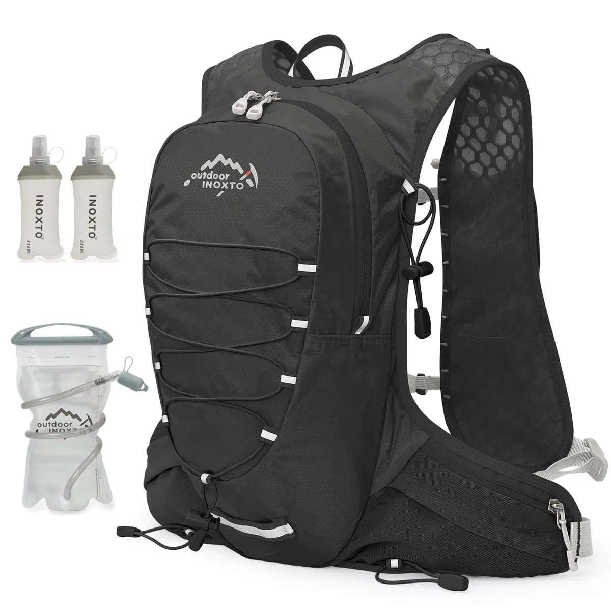 IX INOXTO Gilet idrico da corsa per uomo e donna, zaino per corsa, 3 l, per corsa, corsa, trail running, maratona, corsa, escursionismo (nero bianco)