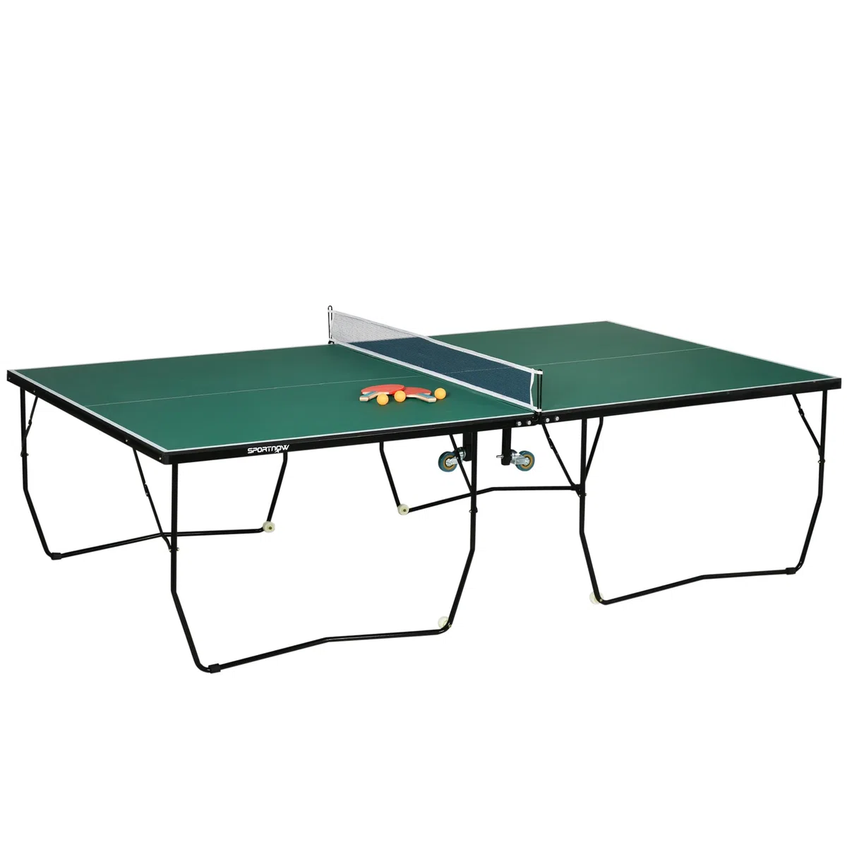 Tavolo da ping pong pieghevole con ruote, set da ping pong con rete, 2 racchette e 3 palline, dimensioni standard 274 x 152 x 76 cm, pannello MDF, struttura in acciaio