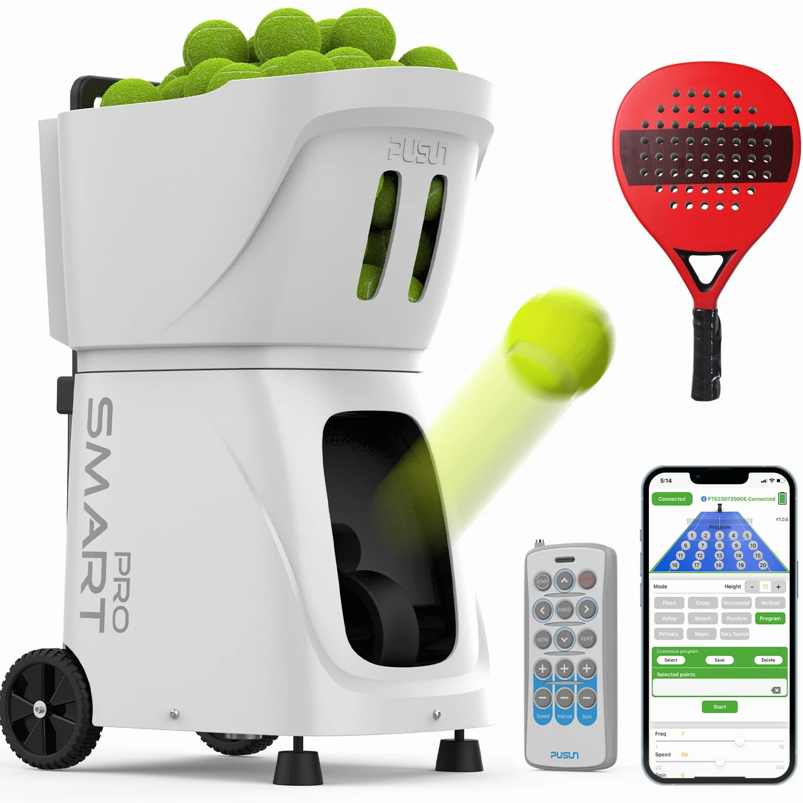 PUSUN PT-SMARTPro - Macchina per palline da padel con controllo app, programmazione a 20 punti, 12 modalità di servizio, funzione palla casuale, livelli di abilità