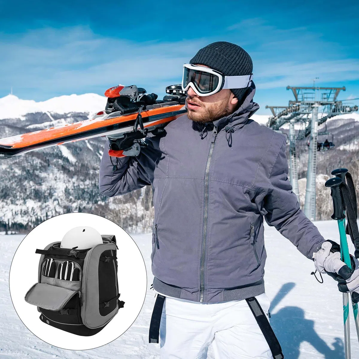 Borse Da Sci, 65L Set Di Borsa Sportiva Per Scarponi Da Sci Borsa Per Scarpe Unisex-Adulto Nero Zaino Da Sci Alpinismo Utilizzabile Per Snowboard Scarponi Da Sci Pattini Da Ghiaccio Casco Guanti