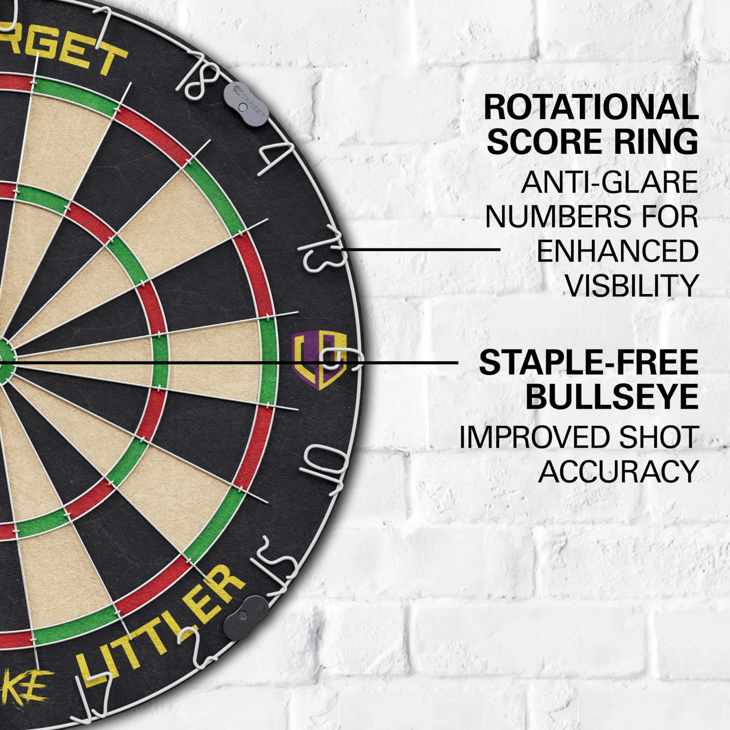 Target Darts Player Dartboard Set | Luke Littler/Dimitri Van den Bergh/Gabriel Clemens | Player Edition Dart Board con 2 Set di Freccette con punta in Acciaio, Linea di Lancio Standard da Competizione