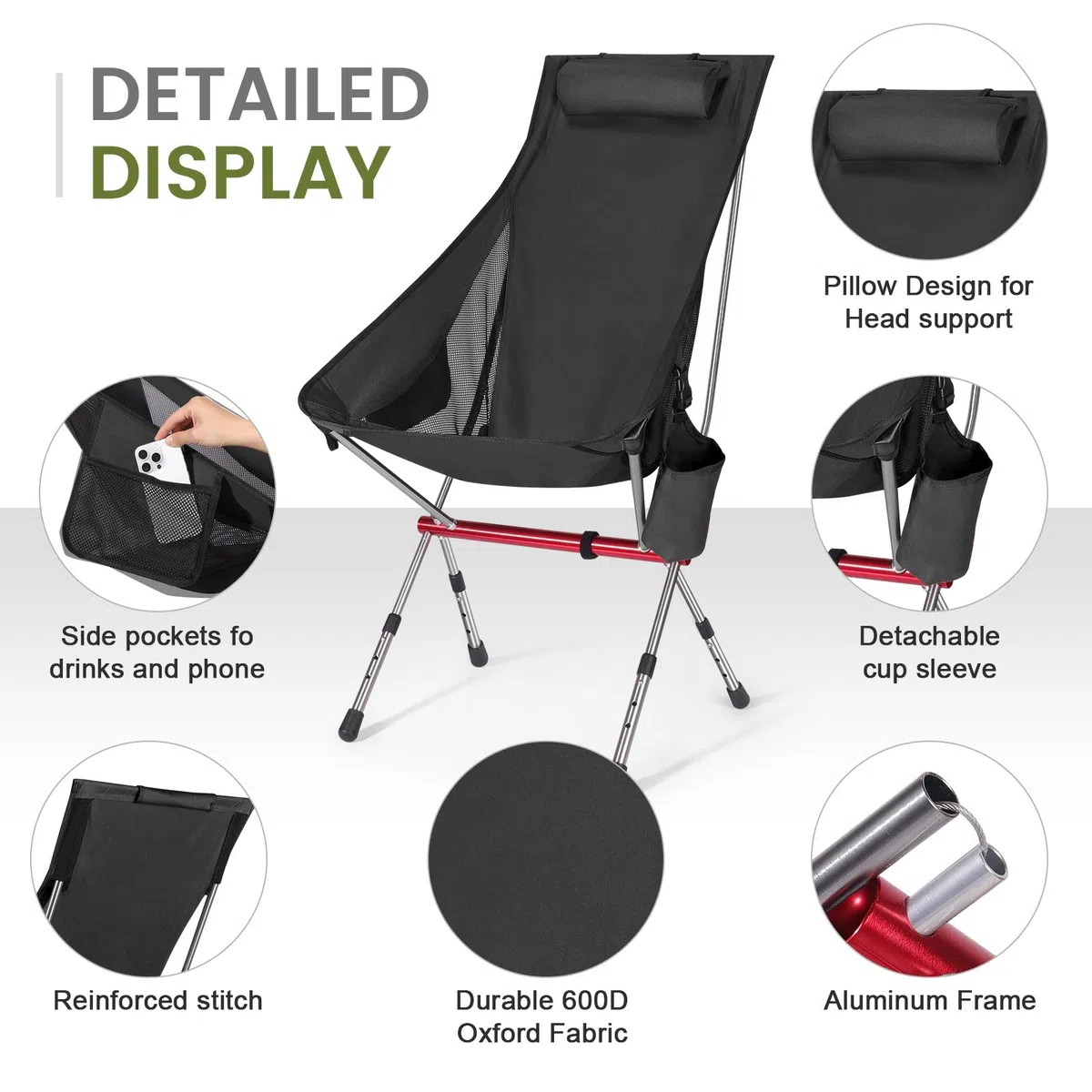 OKYUK Nuova sedia da campeggio pieghevole con schienale alto, tre altezze regolabili, borsa da trasporto leggera e custodia per tazza,Ideale per escursioni, relax in spiaggia e pesca (Nero)
