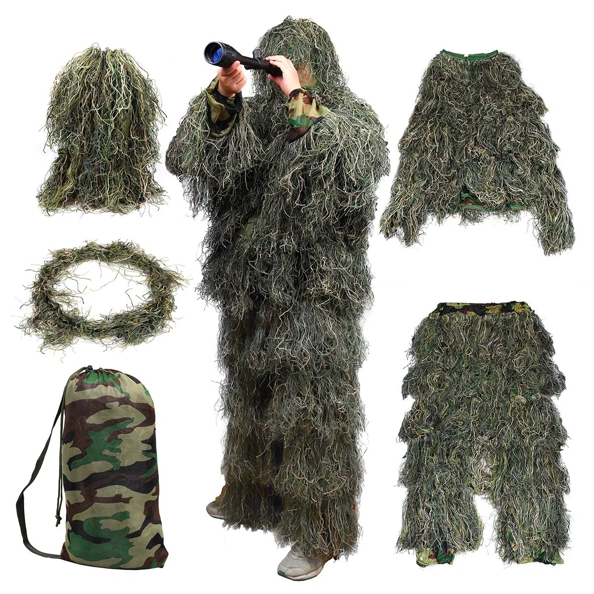 Goetland 5 Pezzi 3D Ghillie Suit Kit Softair Tuta Mimetica da Caccia Accessori Rete Mimetica Softair per Uomo Adulto