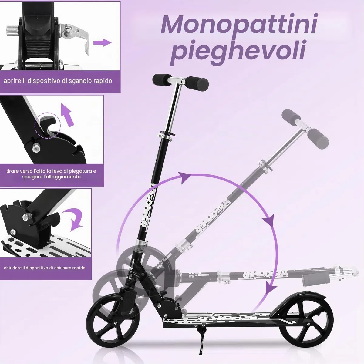 Monopattino per bambini, 2 ruote, scooter a 3 altezze, 205 mm, con tracolla, monopattino fino a 100 kg, per ragazze, ragazzi e bambini dai 5 anni in su