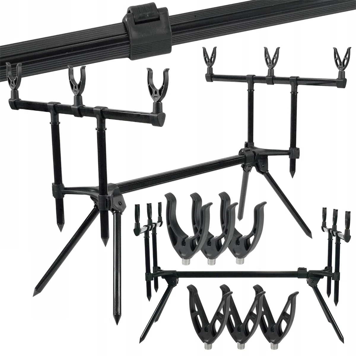 A&N Rod Pod per 3 canne – Supporto per canna da pesca regolabile 75 – 124 cm, robusto supporto per canna da pesca con filettatura universale per indicatore di morso, inclusa borsa per il trasporto