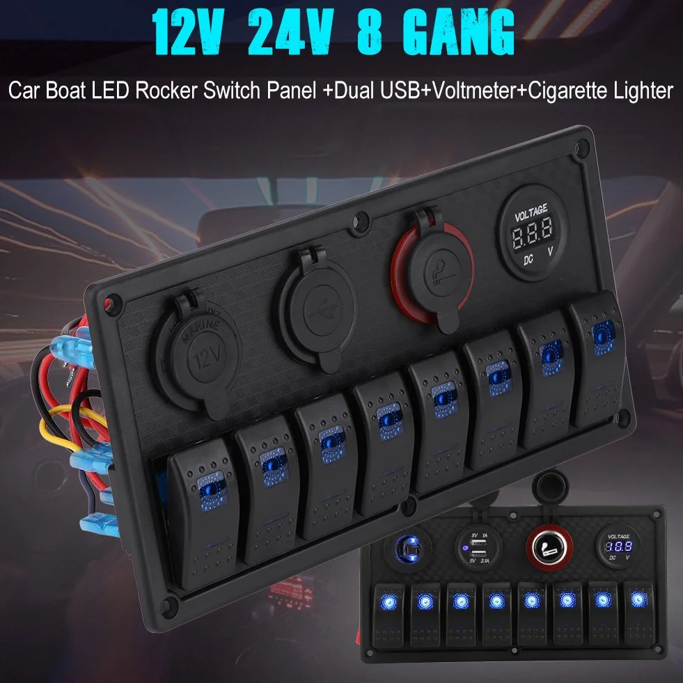 Interruttore a bilanciere 12V 24V 8 Gear Car Boat Impermeabile Interruttore a bilanciere a led Pannello di controllo Doppio voltmetro USB Accendisigari + panel interruptor