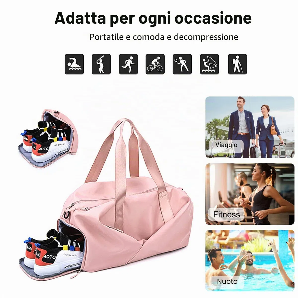 FANDARE Ultraleggero Borsone da Viaggio Borsa Palestra Borsa Sportivo Weekender Borsone Donna Uomo Grande Piscina Palestra Borsa a Spalla con Scomparto Scarpe & Tasca di separazione bagnata e asciutta