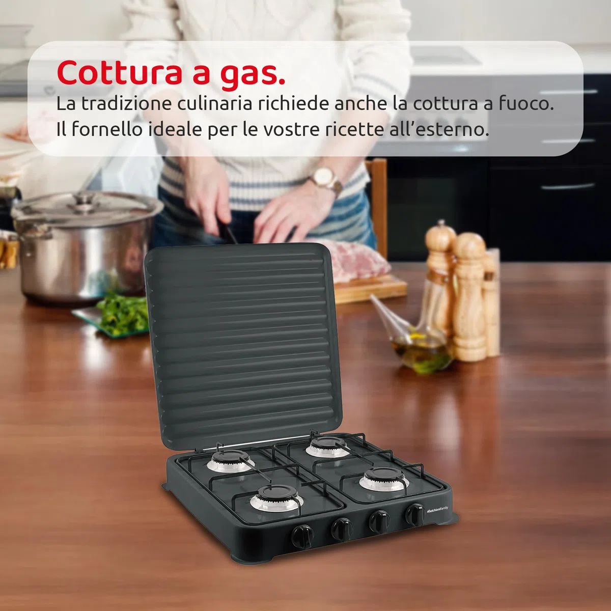 Melchioni Family | Fornello a Gas Modello MINERVA NEW, Quattro Fuochi, Colore Nero, per Utilizzo Esterno, con Griglia e Fuochi Rimovibili e Coperchio
