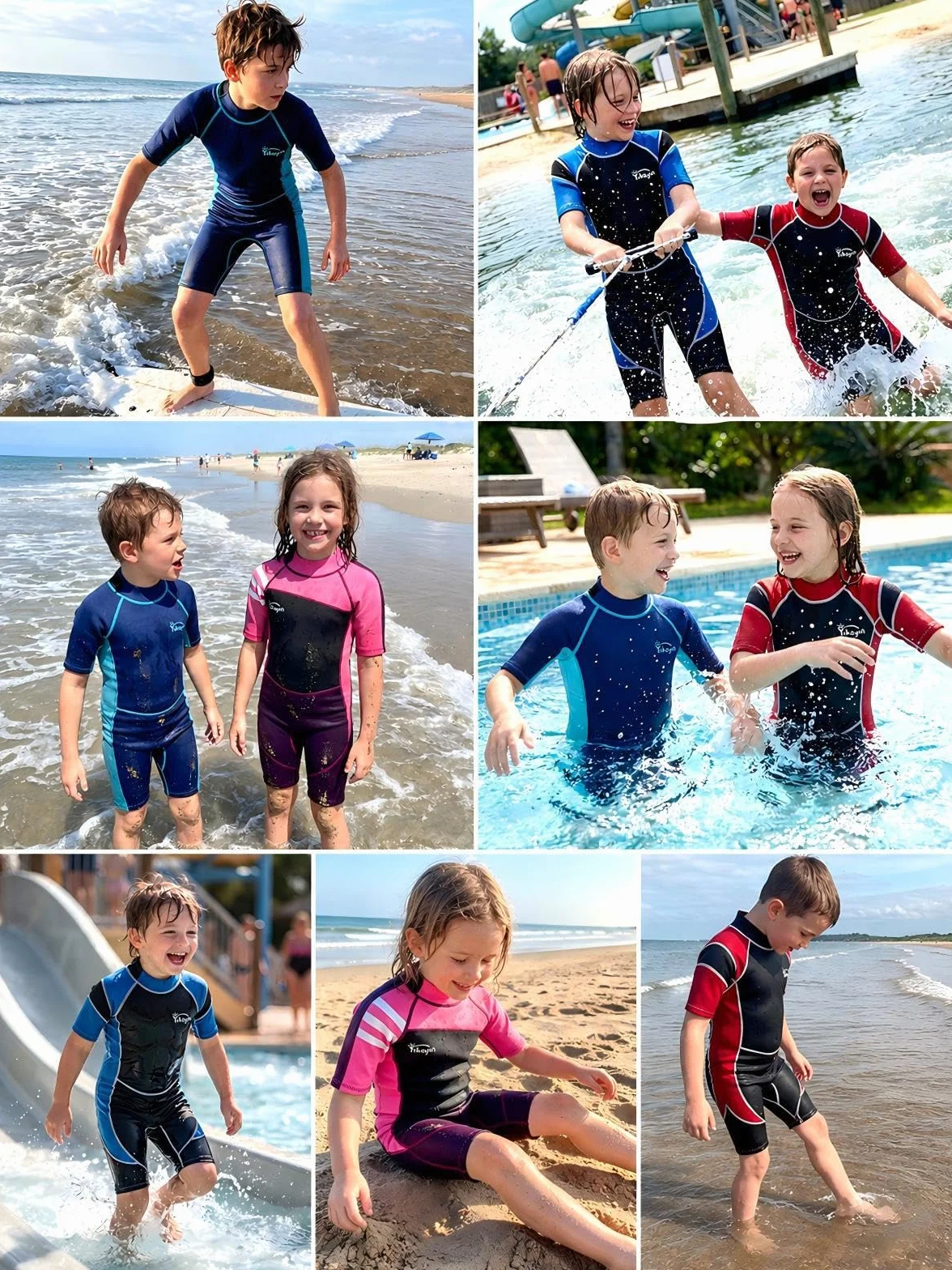 Muta corta in neoprene per bambini, 2,5 mm, per ragazzi e ragazze, termicamente UV, chiusura lampo per corsi di nuoto, immersioni, surf, snorkeling