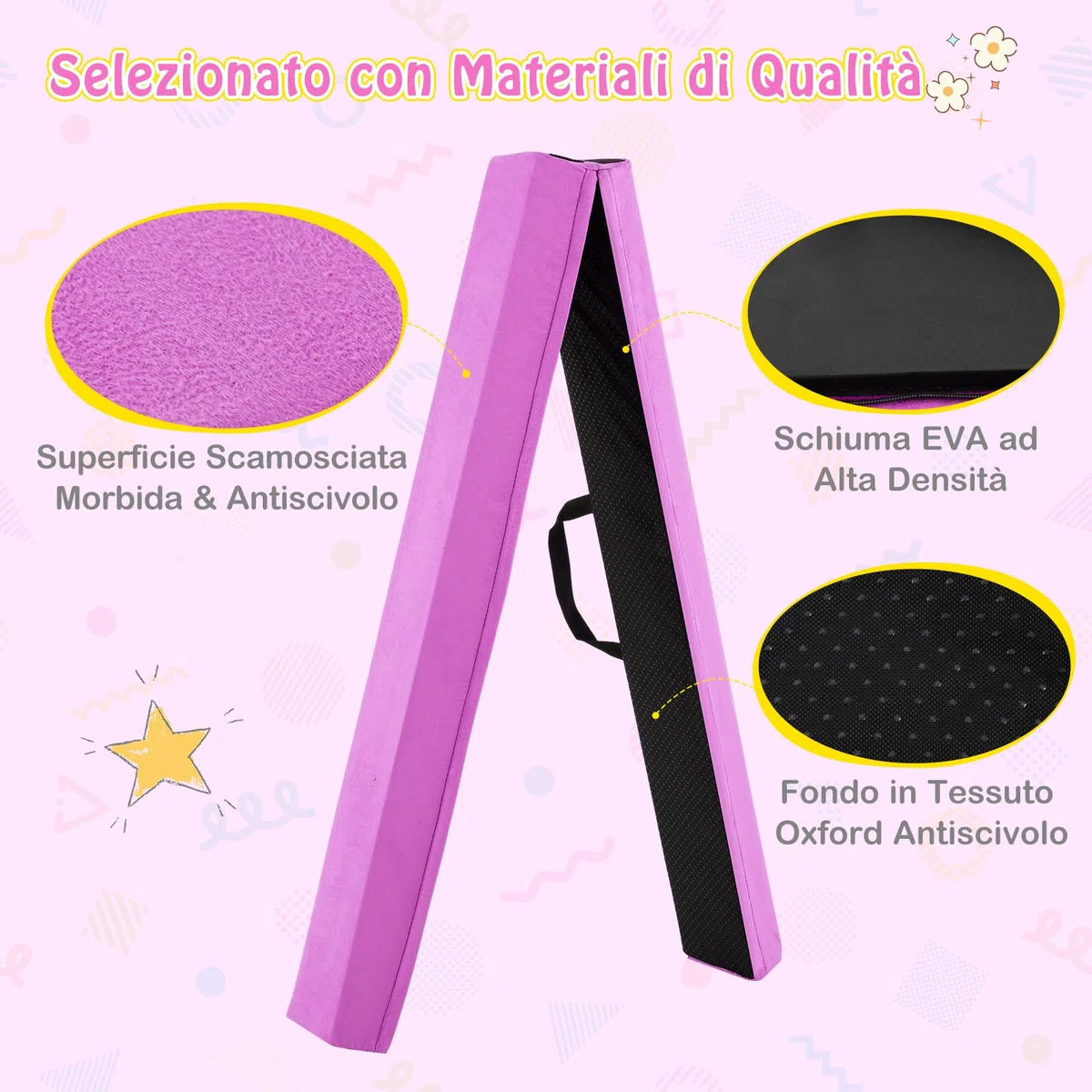 GYMAX Trave da Ginnastica Pieghevole, con Manico, Superficie Morbido, Imbottitura in Schiuma, Base Antiscivolo, Copertura con Cerniera, Attrezzatura da Ginnastica per Esercitazioni a Casa
