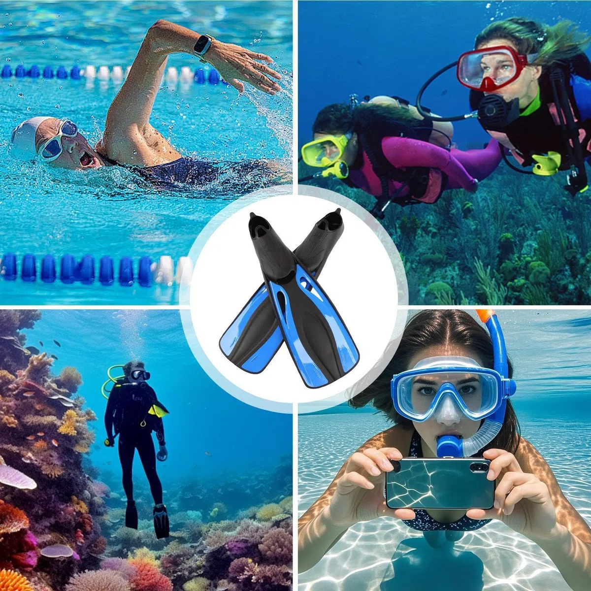 Pinne da nuoto regolabili da 53,3 cm, ideali per l'estate, la spiaggia, i viaggi | Lunghezza 53,3 cm, tacco aperto regolabile, leggero, essenziale per l'estate, per spiaggia/piscina/vacanze