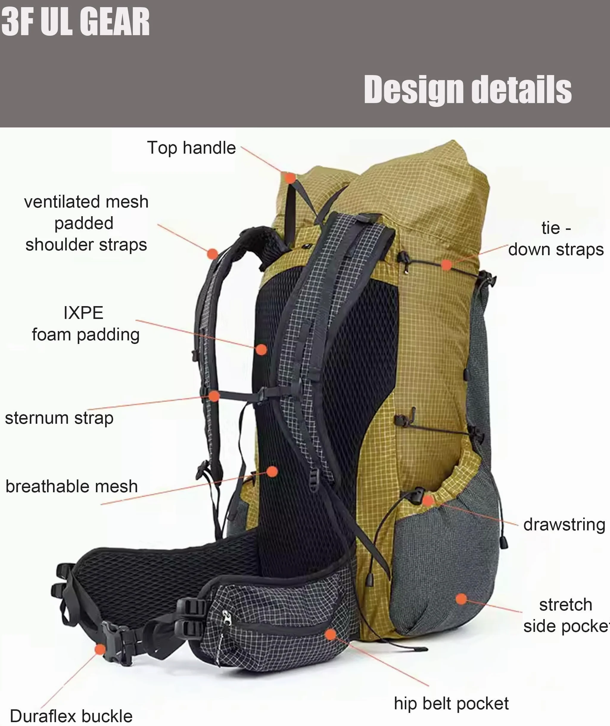 3F UL GEAR 30L + 10L UHMWPE Zaino ultraleggero impermeabile da escursionismo, campeggio, viaggi, per uomini e donne (cachi classico, L)