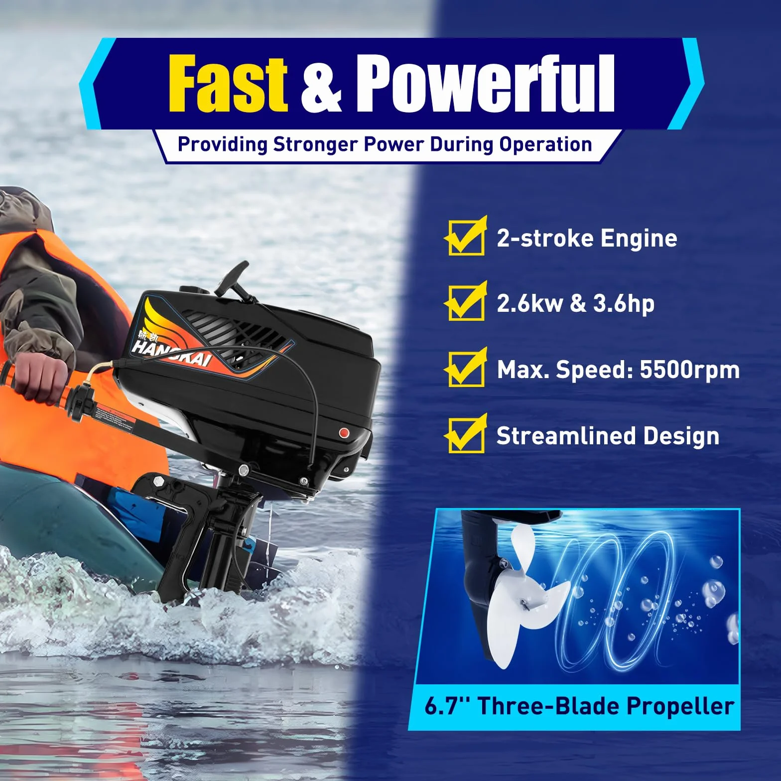Motore Fuoribordo 2 Tempi 3,6 cv | a Albero Corto | Avviamento Manuale | Cilindrata 55cc | Metà Ad Acqua Metà Ad Aria | Adatto a Imbarcazioni Con Altezza Di Poppa ≤ 42cm