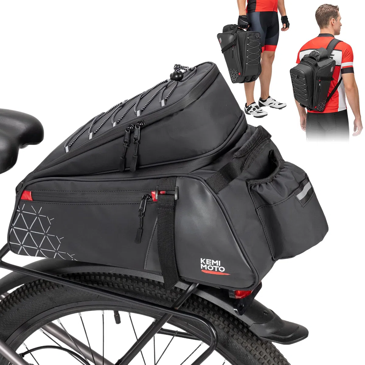 KEMIMOTO Borsa Bici Posteriore 3 in 1, 15L Borsa per Bicicletta Posteriori Impermeabile con Copertura Anti-Pioggia, Borse per Bici con Tracolla e Maniglia per Strada Bike Mountain Bike