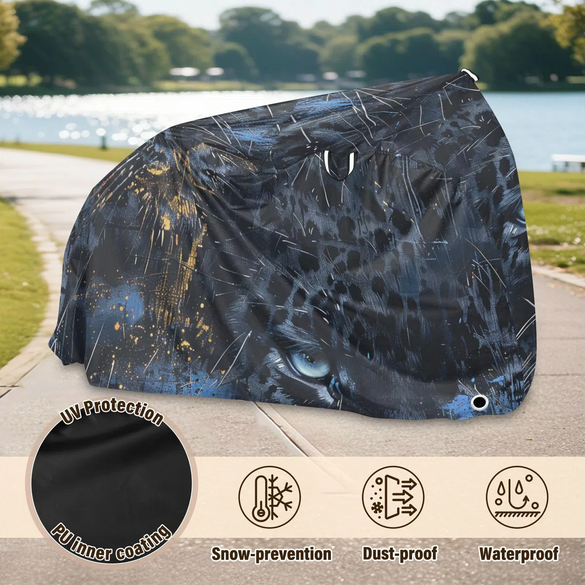 Black Leopard Copertura per bici da esterno impermeabile con fori di bloccaggio anti polvere pioggia neve UV Storage Mountain Road Copertura per bici elettrica adatta per la maggior parte dei kit per