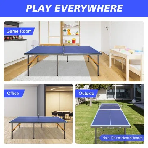 Tavolo da ping pong pieghevole da 137 cm, tavolo da ping pong portatile con rete, 2 racchette e 3 palline, superficie di gioco in MDF con rimbalzo uniforme della palla, per interni ed esterni