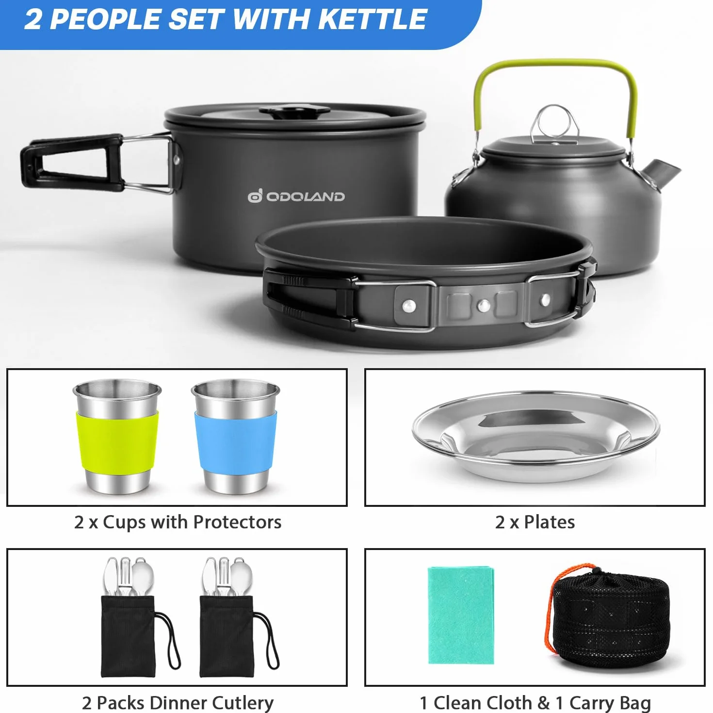 Odoland Pentole Kit da Campeggio, Set di Pentola e Padella Leggera e Antiaderente con Teiere Tazze in Acciaio Inossidabile Piatti Forchette Coltelli Cucchiai per Campeggio Trekking