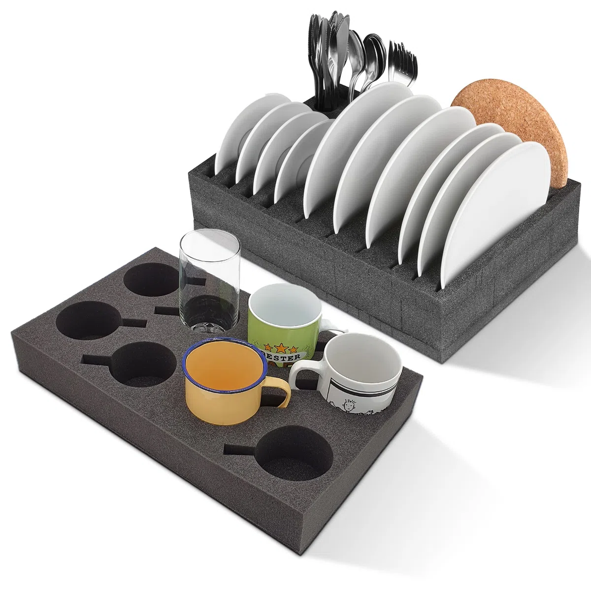 Set da campeggio - Portapiatti e portaposate con spazio per 12 piatti + portabicchieri XL per un massimo di 8 pezzi | Gommapiuma per campeggio, camper, roulotte e barche - leggero e robusto