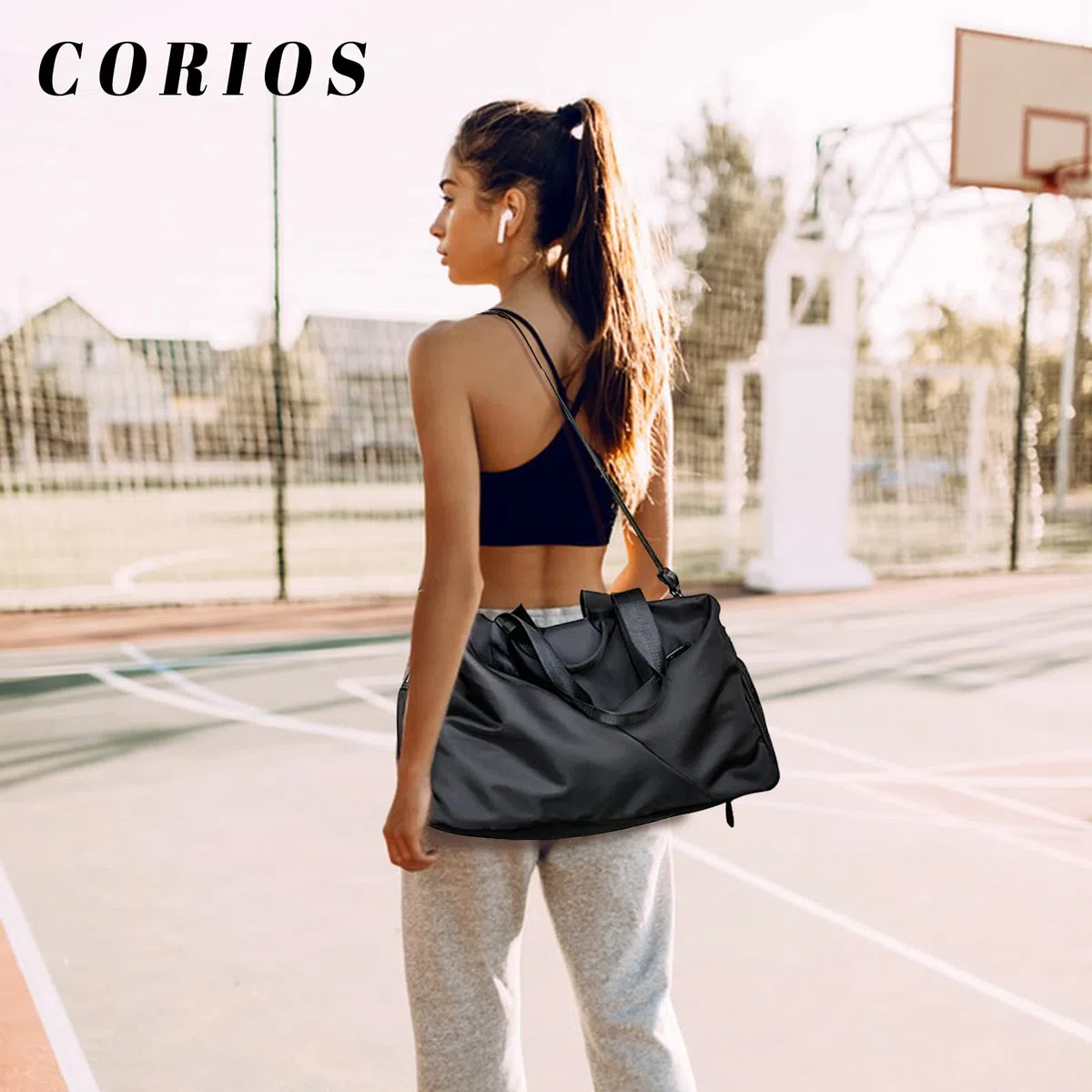 CORIOS Borsone da Viaggio Uomo/Donna Borsa Sportiva Borsone Palestra Grande Weekender Pernottamento Piscina Palestra Bagaglio a Mano con Scomparto Scarpe & Tasca di Separazione Bagnata e Asciutta Nero