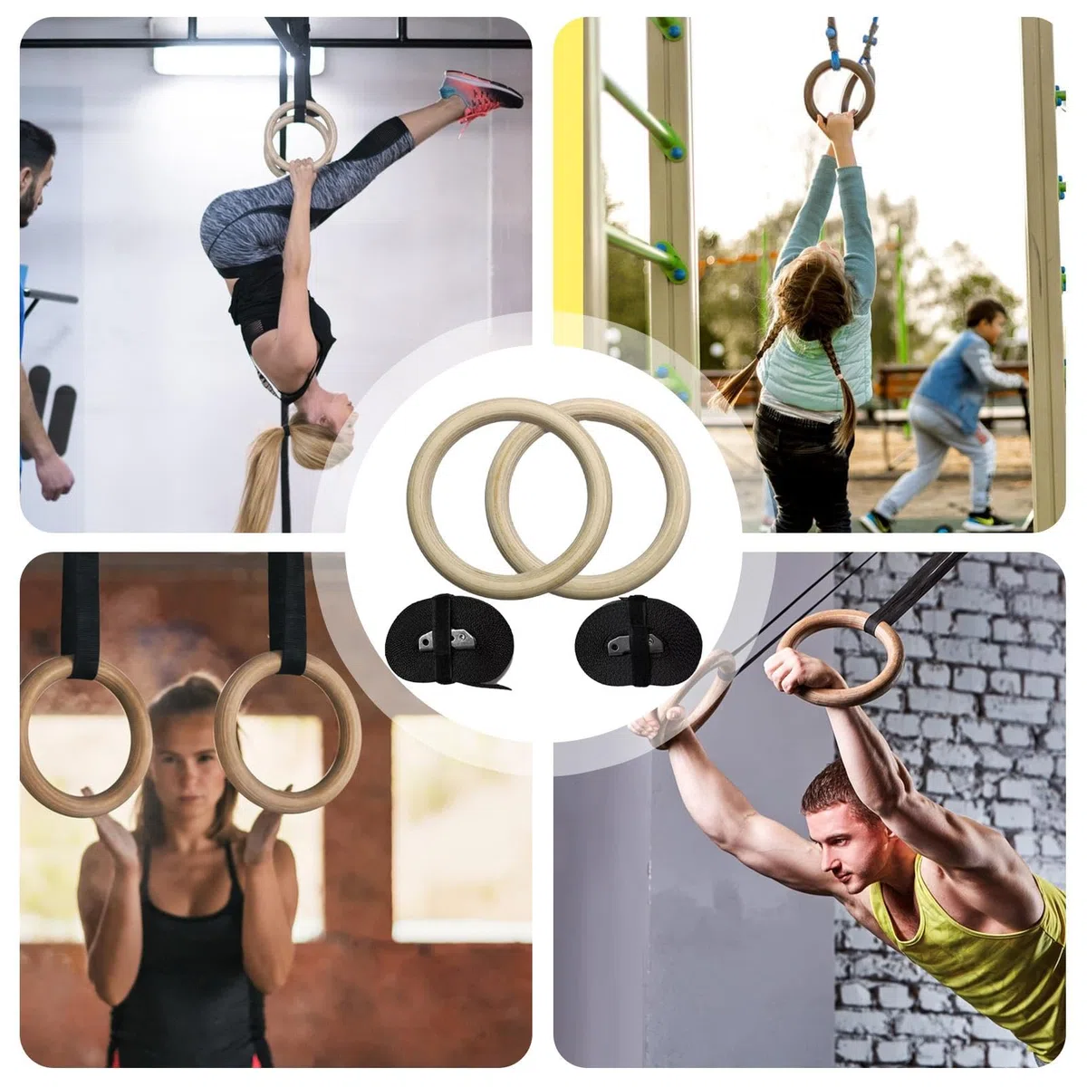 Anelli da ginnastica in legno | Anelli da ginnastica in legno | Anelli da ginnastica | Questi doppi anelli da ginnastica sono versatili e robusti regolabili per fitness con cinghie robuste