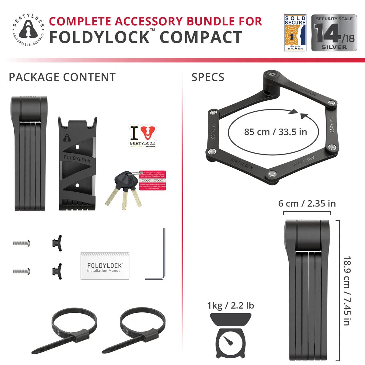 Seatylock FoldyLock - Lucchetto pieghevole compatto e leggero, 85 cm | Lucchetto per bicicletta ad alta sicurezza, resistente, con chiavi e custodia, per biciclette o scooter