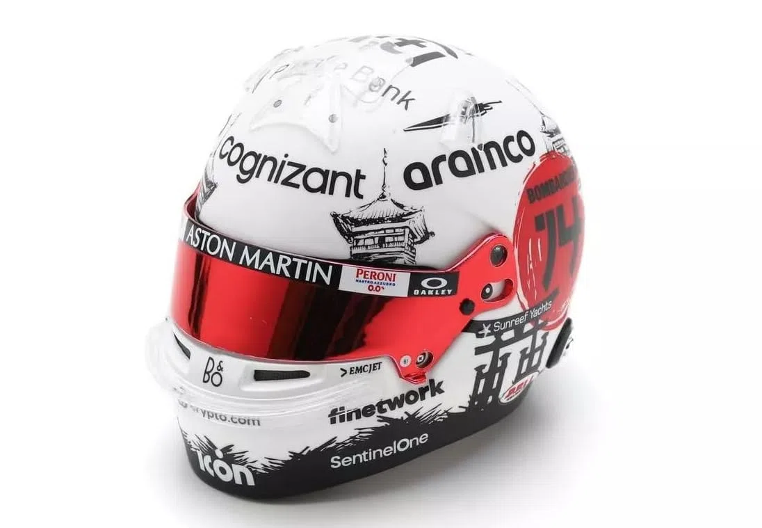Replica casco Fernando Alonso Aston Martin Aramco Cognizant F1 in scala 1:5, Gran Premio del Giappone 2023, collezione per adulti