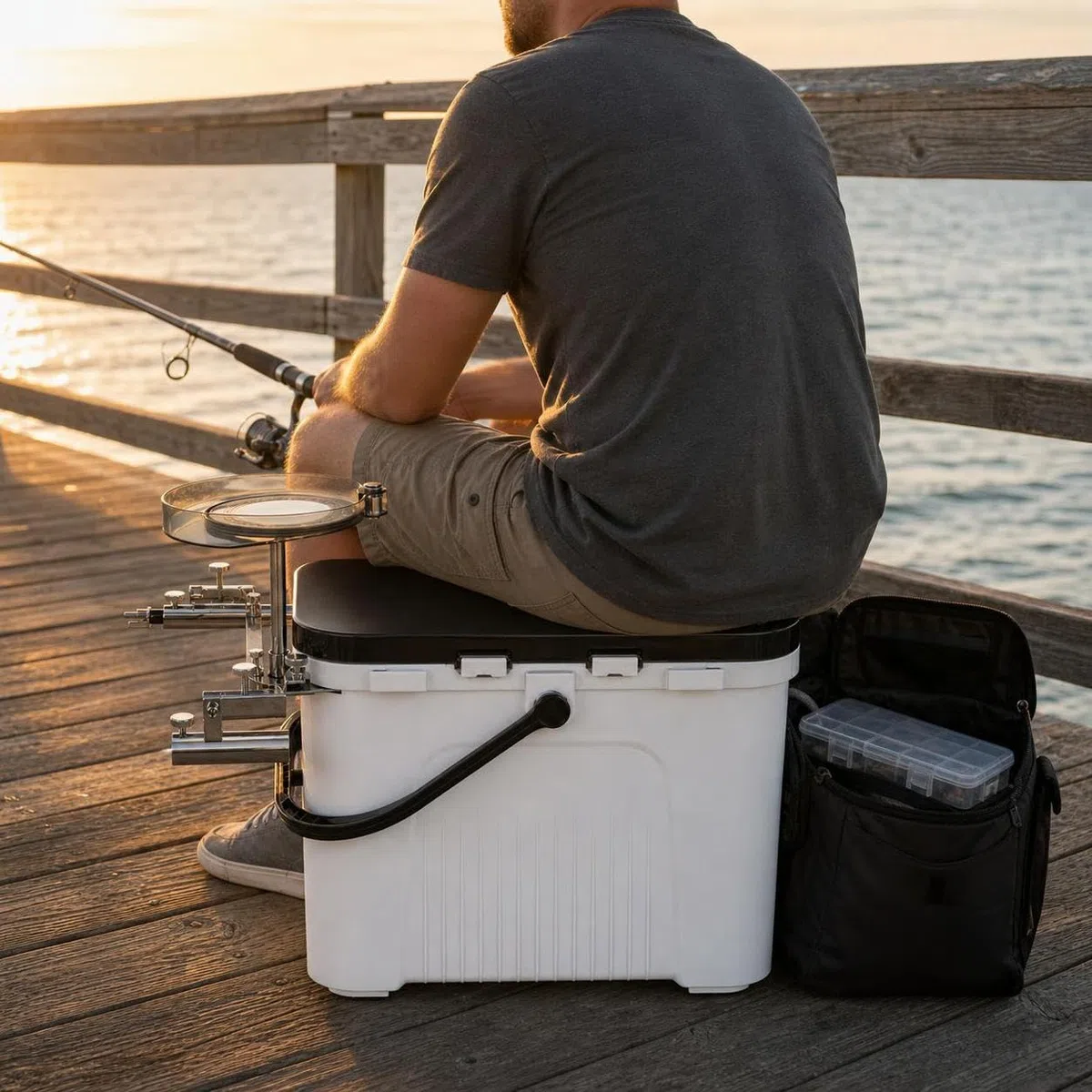 Sedile da pesca con secchio integrato e scomparto per accessori, per esterni - per campeggio