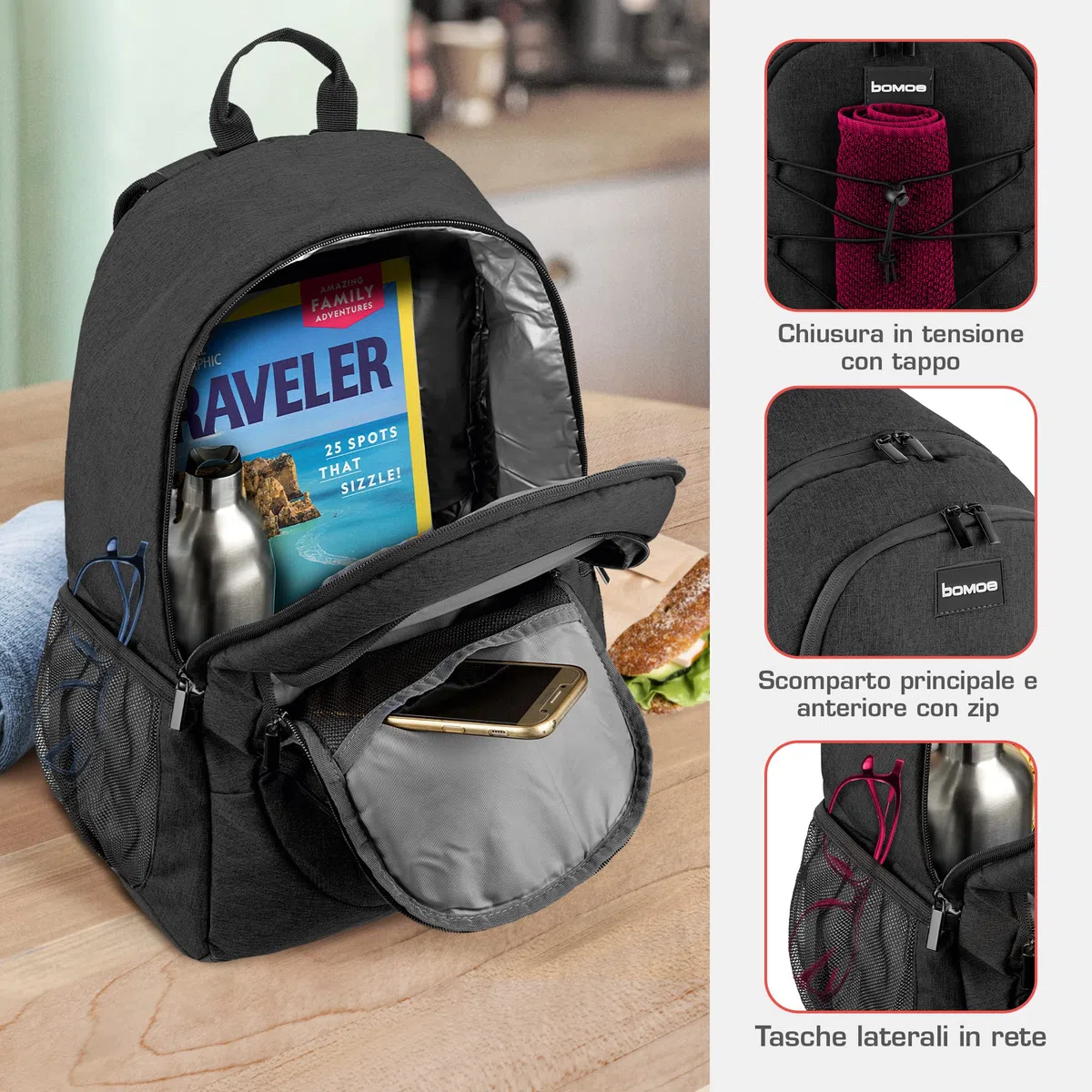 bomoe Zaino Termico 35 Litri - Borsa Termica per Aalimenti 45x19x33 cm - 16h Funzione di raffreddamento - Borsa Frigo Grande Antracite da Campeggio Pieghevole - Mantiene Caldo e Freddo - KR50
