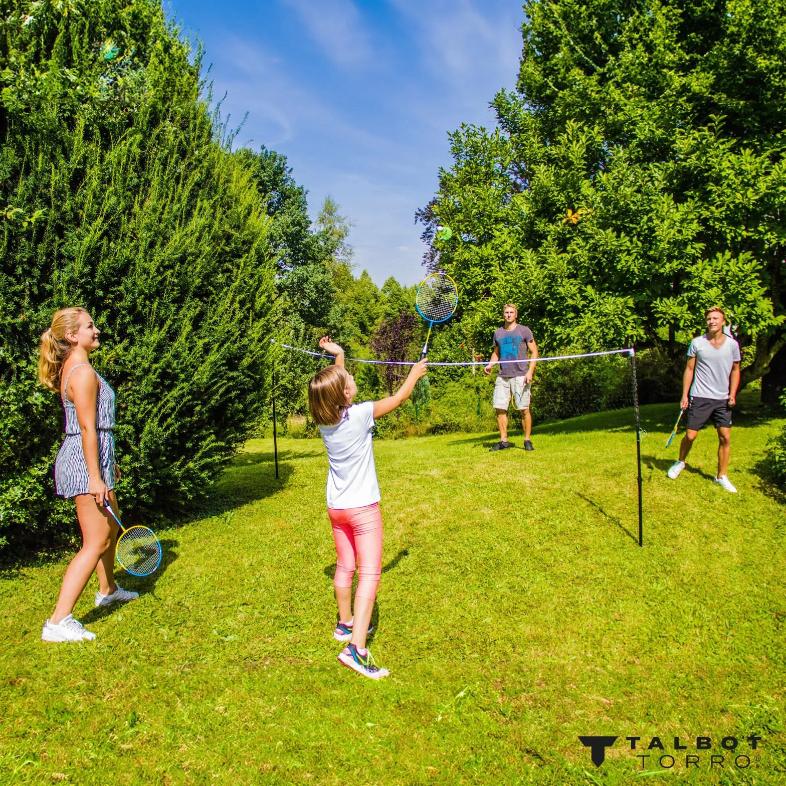Talbot Torro Set da Badminton Family, 2 Racchette Junior da 53cm, 2 Racchette Standard, 3 volani, Rete Regolabile in Altezza, in Una Borsa di qualità