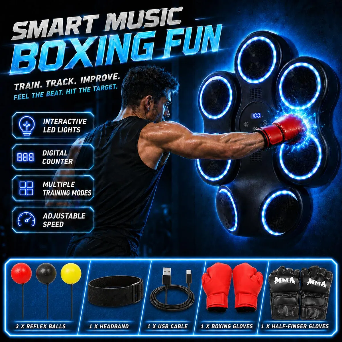 Music Boxing Machine con musica, palla riflettente e 2 guanti da boxe | Per bambini e adulti, 11 modalità, display LED, 9 velocità, ricarica USB, per casa e palestra, allenamento boxe