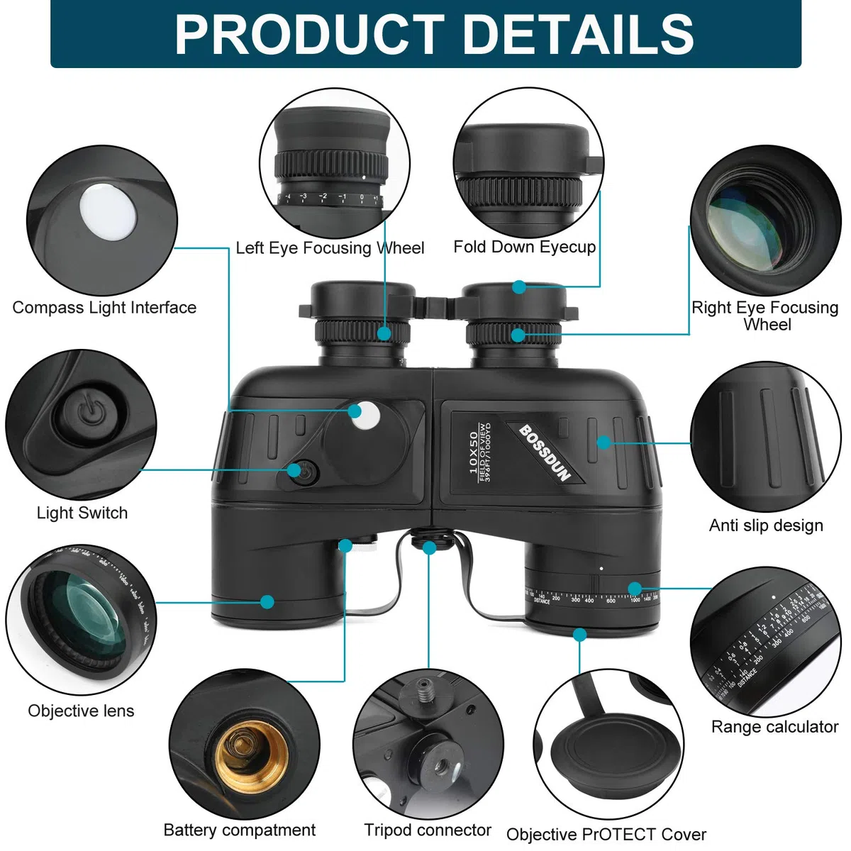 Binocolo Marino Mlitare Antiappannante Impermeabile 10x50, con Telemetro Interno e Bussola Obiettivo FMC con Prisma BAK4 per Navigazione, Canottaggio, Pesca,Sport Acquatici, Caccia