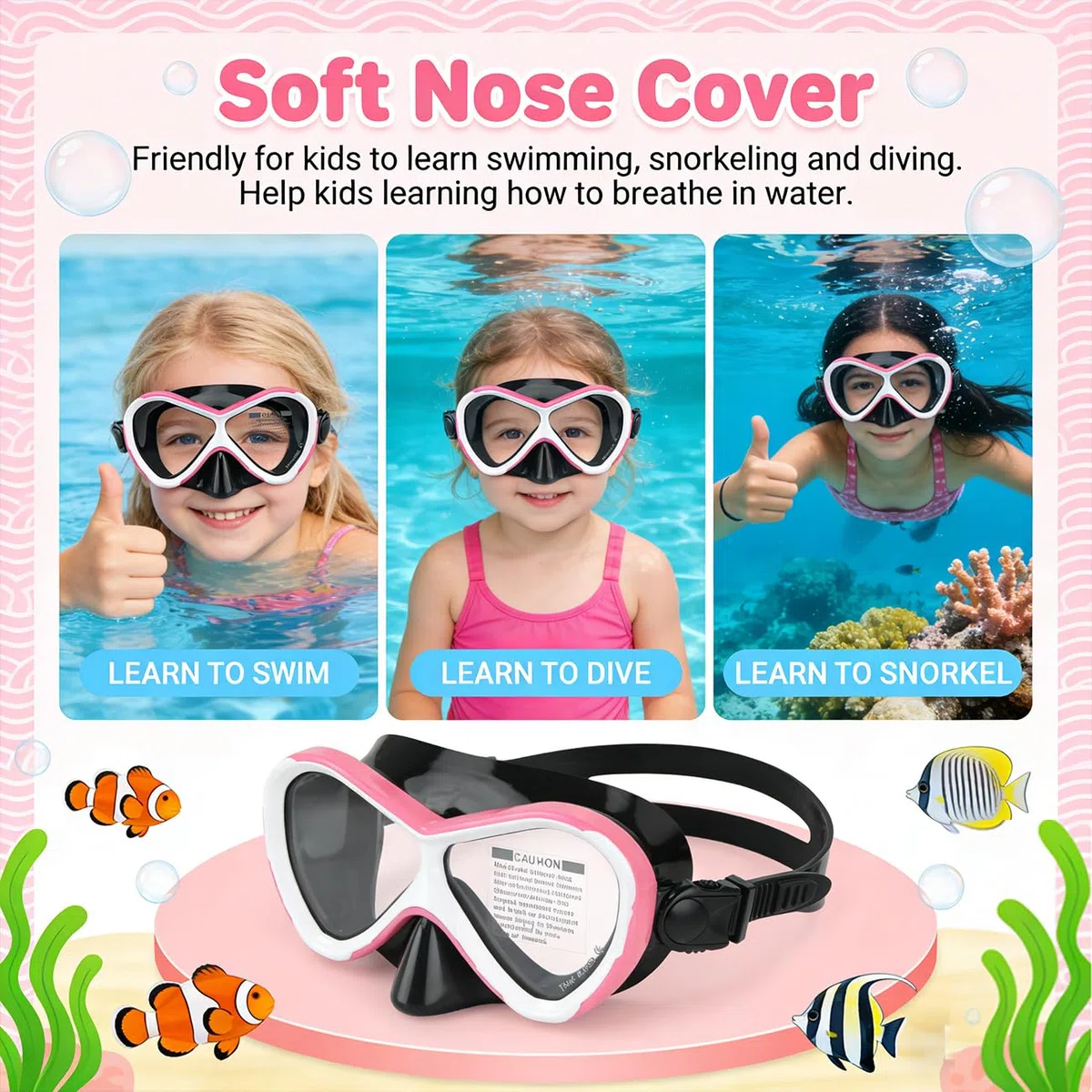 Maschera da snorkeling per bambini, anti-appannamento e anti-perdite, occhialini da snorkeling e nuoto, impermeabile, resistente maschera in vetro temperato, per bambini dai 4 ai 14 anni