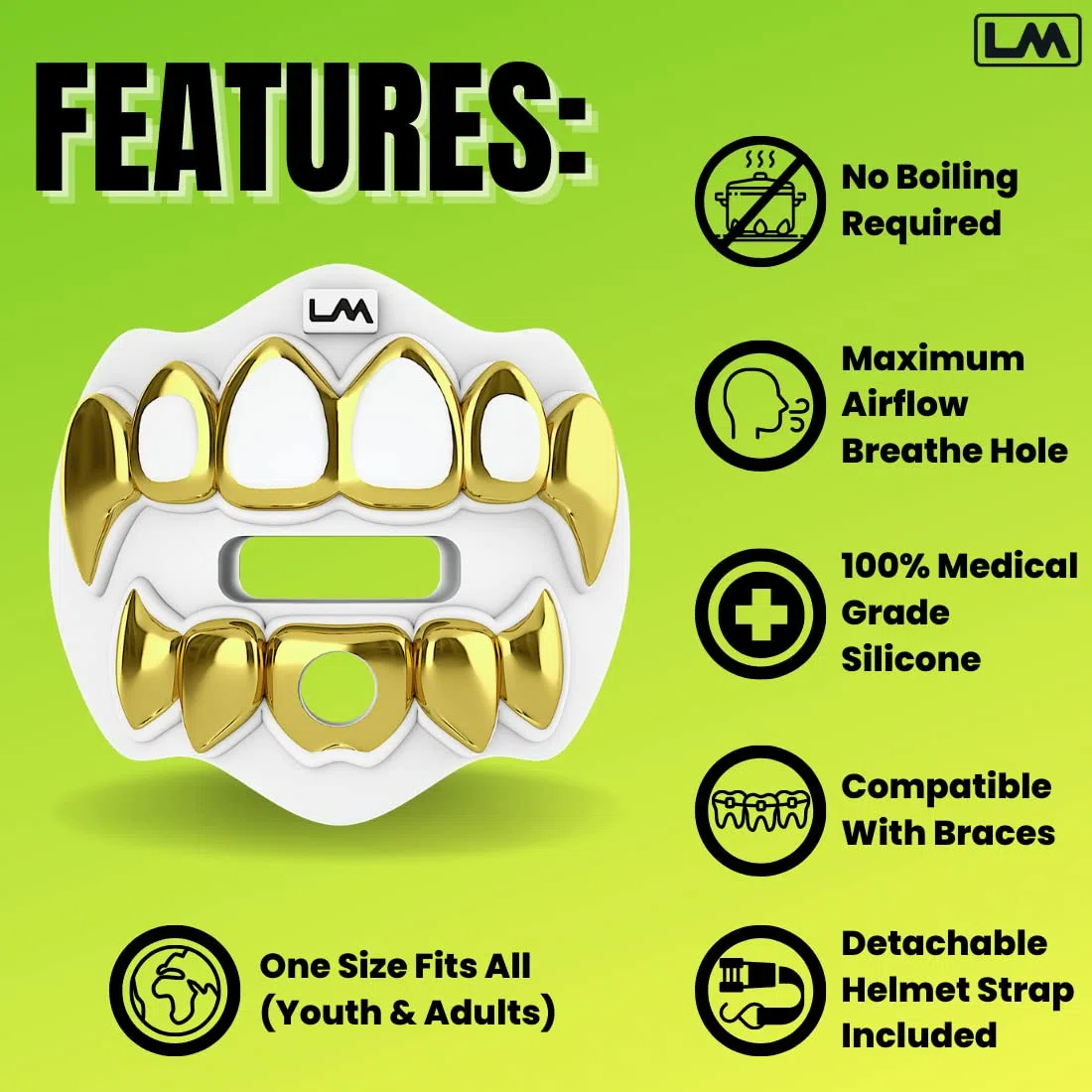 Loudmouth - Paradenti 3D cromato, per adulti e ragazzi, per lo sport, massimo flusso d'aria, protezione labbra e denti (griglia 3D, cromato/oro)