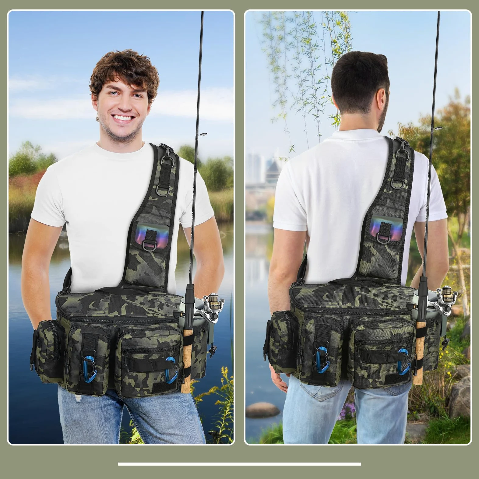 Borsa da Pesca Impermeabile Oxford Alta Capacità, Tracolla per Attrezzatura all'Aperto con Organizer per Canna e Attrezzi