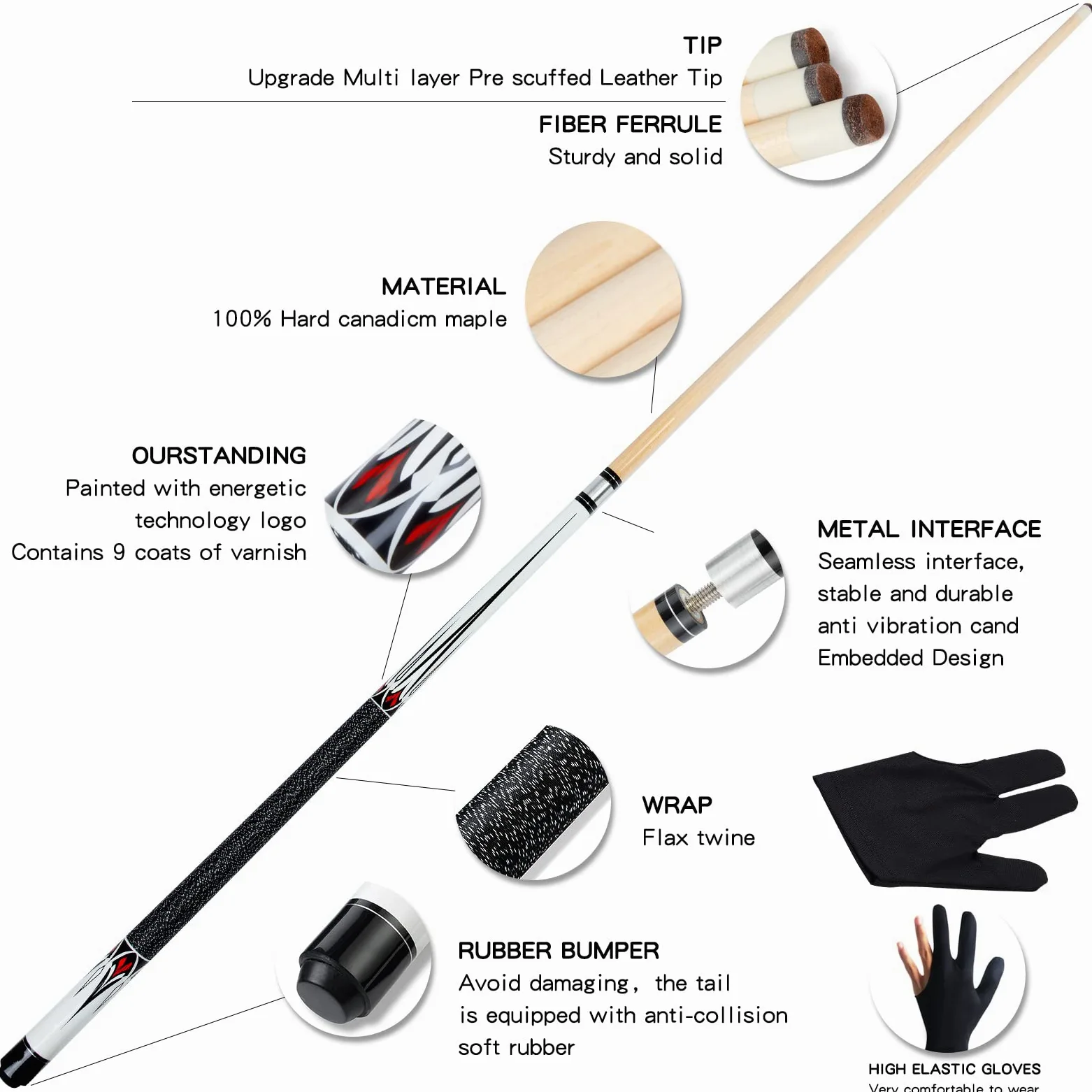 1/2 Pool Cue Stick - 58 inch Maple Billiard Pool Stick, Maple Pool Cue Stick Kit, 2-Piece Billiard Pool Cue Stick Set(with Cue Bag & Glove)