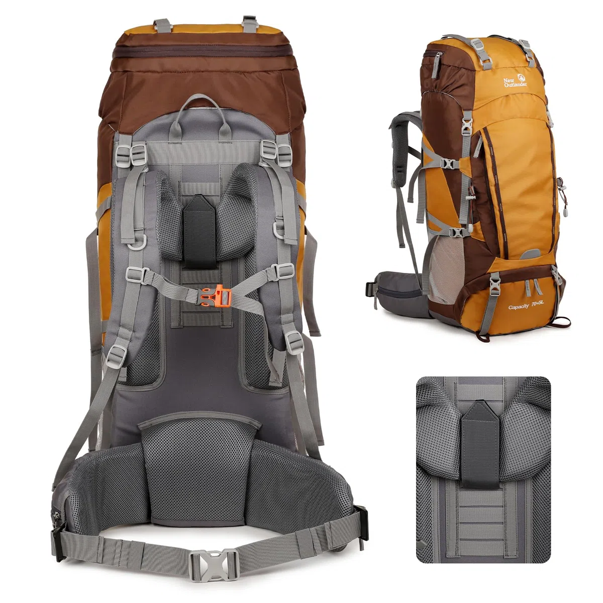75L Zaino Trekking Regolabile, Grande Zaino da Viaggio con Copertura Antipioggia, Zaino Montagna Impermeabile con Distaccabile Barre in Alluminio per Campeggio Escursionismo, Giallo