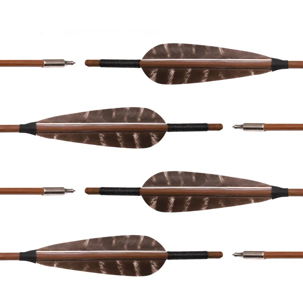 12 pz Frecce di bambù 33” Lunghezza Albero OD 7mm 8mm 5" Piuma di Tacchino Freccia de 2 Vane per Arco Ricurvo Tradizionale Arco Lungo Caccia Pratica di Tiro con L'Arco