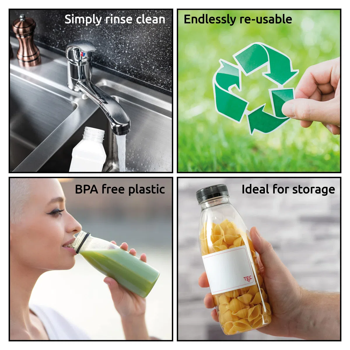 TEC Bottiglie per succhi con coperchio, 500 ml, realizzate nel Regno Unito, 30% plastica PET riciclata, vuote, rotonde, riutilizzabili, per frigorifero, bambini, adulti, acqua, latte, scatole per il