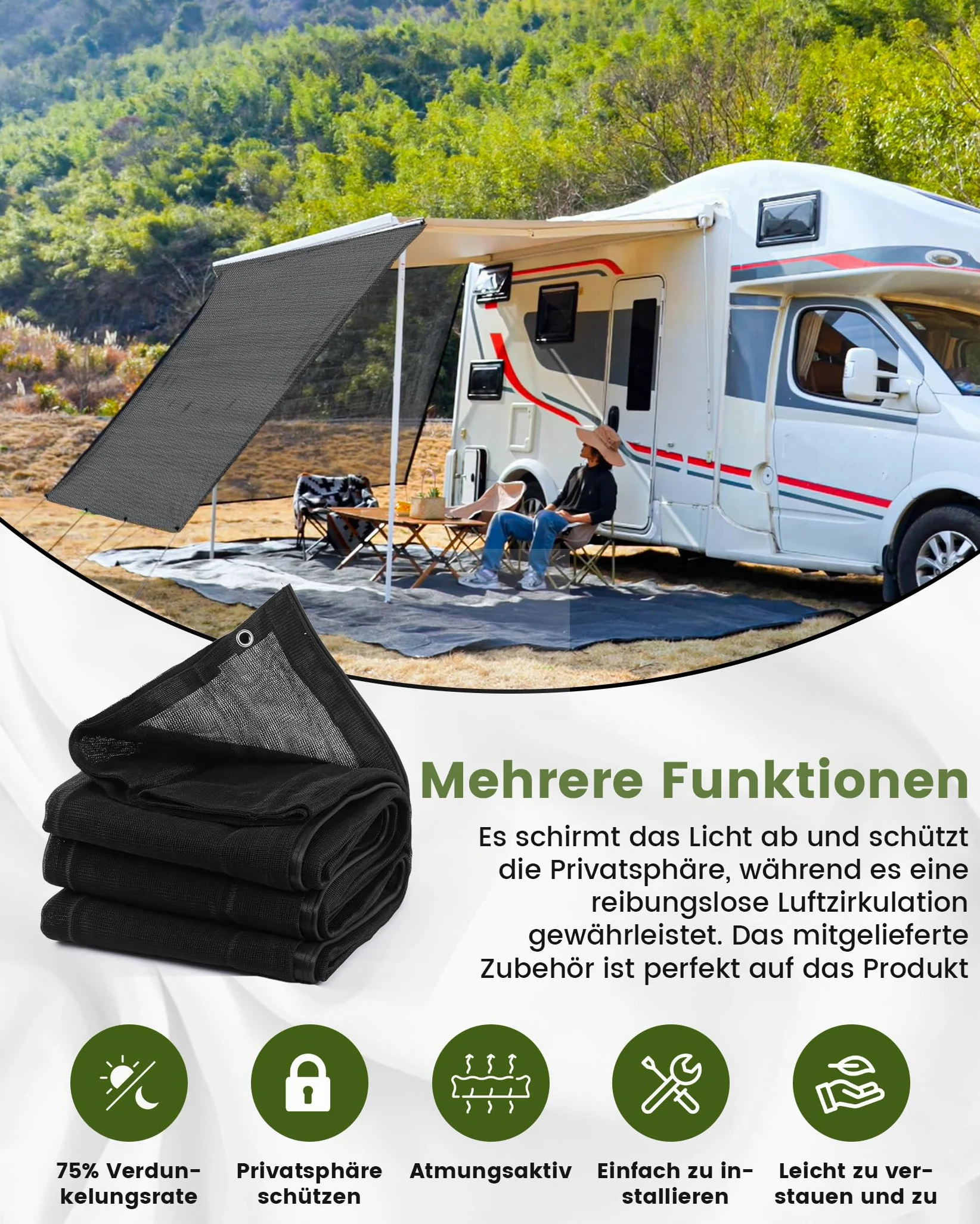 FoundGo Parasole per tenda da campeggio, 200 x 330 cm, schermo frangivista Rail Keder in tela HDPE 220 g/m², Occultation 75% anti-UV, accessorio adatto per campeggio, auto, furgone e roulotte