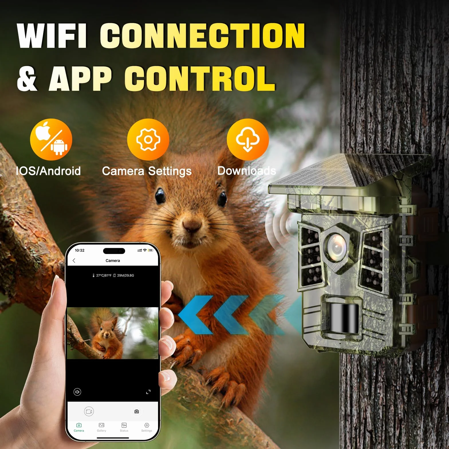 Fototrappola Solare 4K 60MP, Fototrappola WiFi Bluetooth con APP, Batteria Ricaricabile da 2600mAh Integrata IP66 Fotocamera con SD 32GB per sorveglianza della fauna selvatica