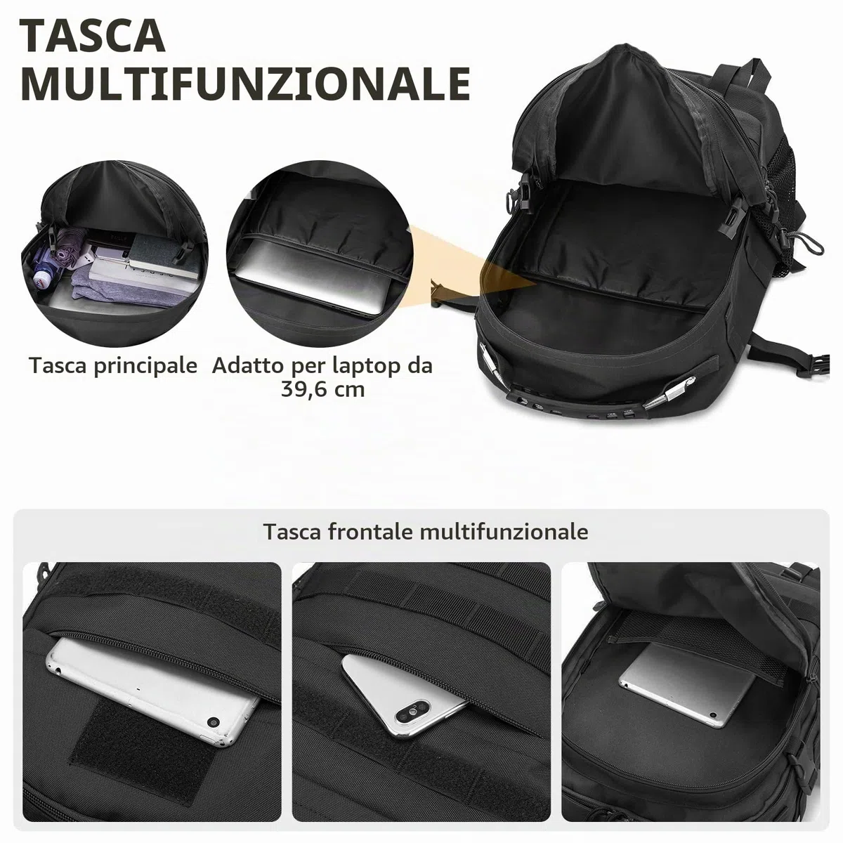 VINBAGGE 35L Zaino Tattico Militare Molle Zaino Moto Unisex Multifunzione da Assalto per Caccia Campeggio all'aperto Viaggio Escursionismo,Nero