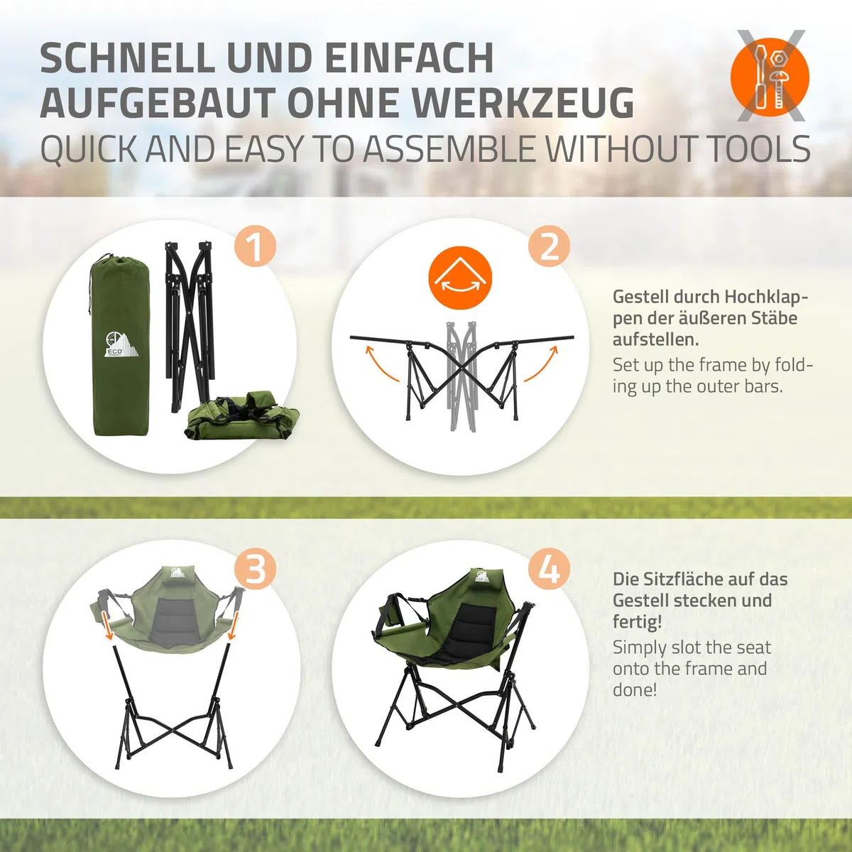 ECD Germany Sedia da Campeggio Pieghevole, Cachi, Struttura in Acciaio, Schienale Alto Regolabile, Imbottita, con Portabicchieri, Cuscino Poggiatesta e Borsa Trasporto, Sedia da Pesca a Dondolo