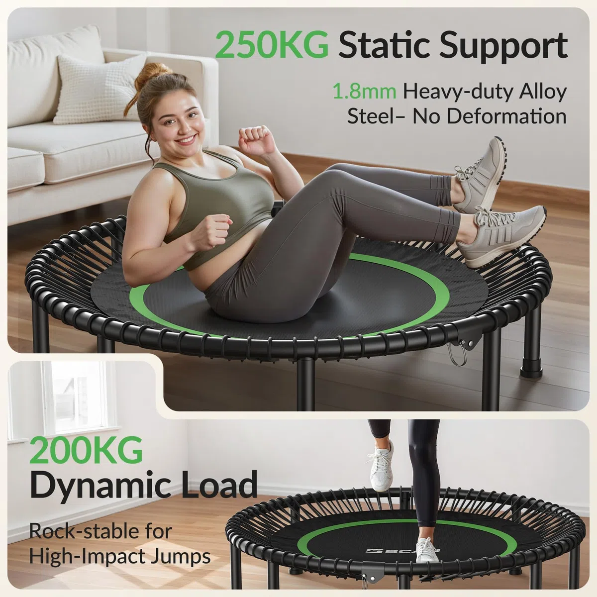 BCAN Mini trampolino pieghevole da 204/250 kg, 102/122 cm, per adulti con robuste corde in gomma, dispositivo di allenamento stabile e silenzioso, ideale per allenamento indoor/giardino