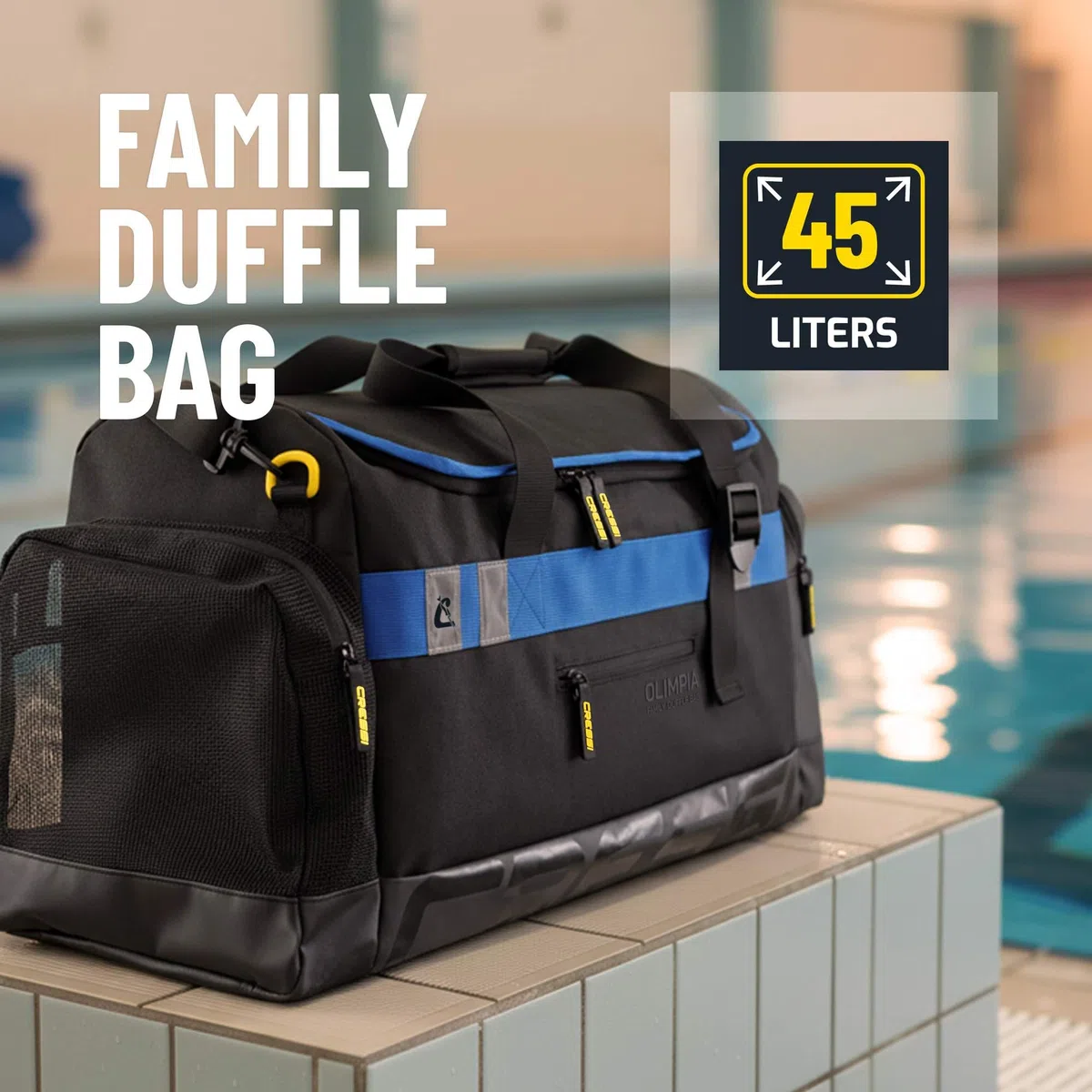 CRESSI dal 1946 - Olimpia Pool Family Duffle - Borsone Tecnico Modulare Sportivo, Ideale per Piscina Uomo e Donna e Attività Acquatiche anche Collettive, Nero/Blu 45 L