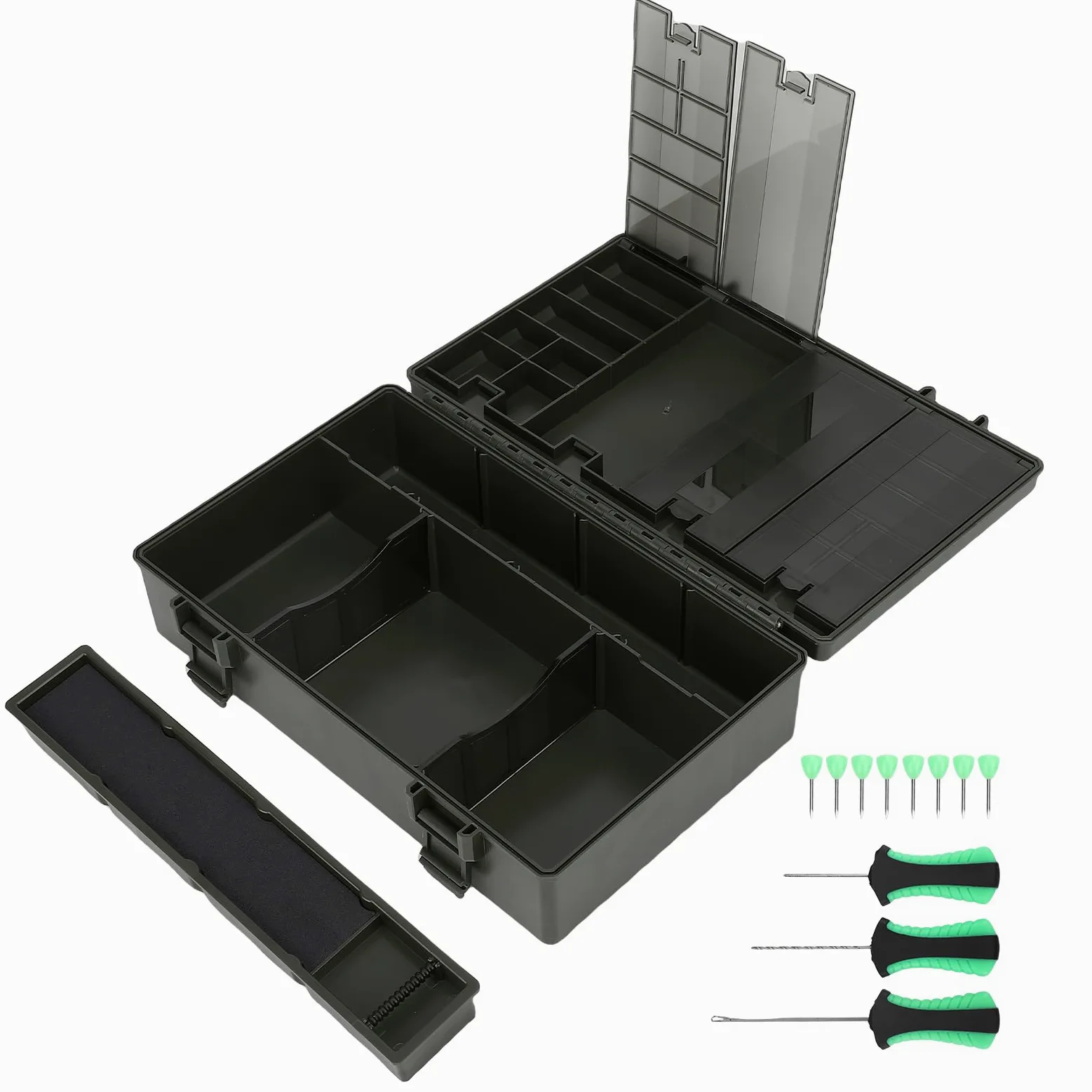Ampio Spazio di Stoccaggio Rig Box Organizzatore per la Pesca Alla Carpa con Scala, Design Sigillato, 8 Chiodi, Adatto per gli Appassionati di Attrezzatura per la Pesca Alla Carpa,