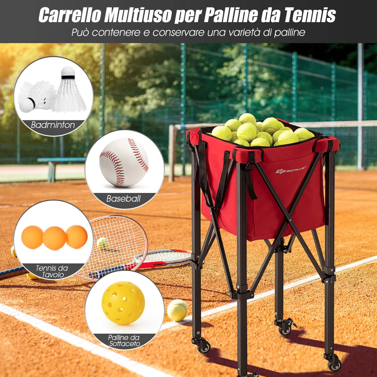 GYMAX Carrello Porta Palline da Tennis Pieghevole in Alluminio e Tessuto Oxford con Capacità di 150 Palline e Sacca Rimovibile, Carrello da Tennis con Ruote per Allenamento, Rosso