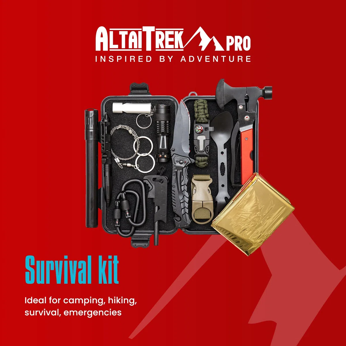 Kit Sopravvivenza con Coltello, Coperta Termica, acciarino, Penna Difesa Personale, Ascia Multifunzione | Per Campeggio, Soccorso | L'unico con Filtro Acqua Emergenza. Survival