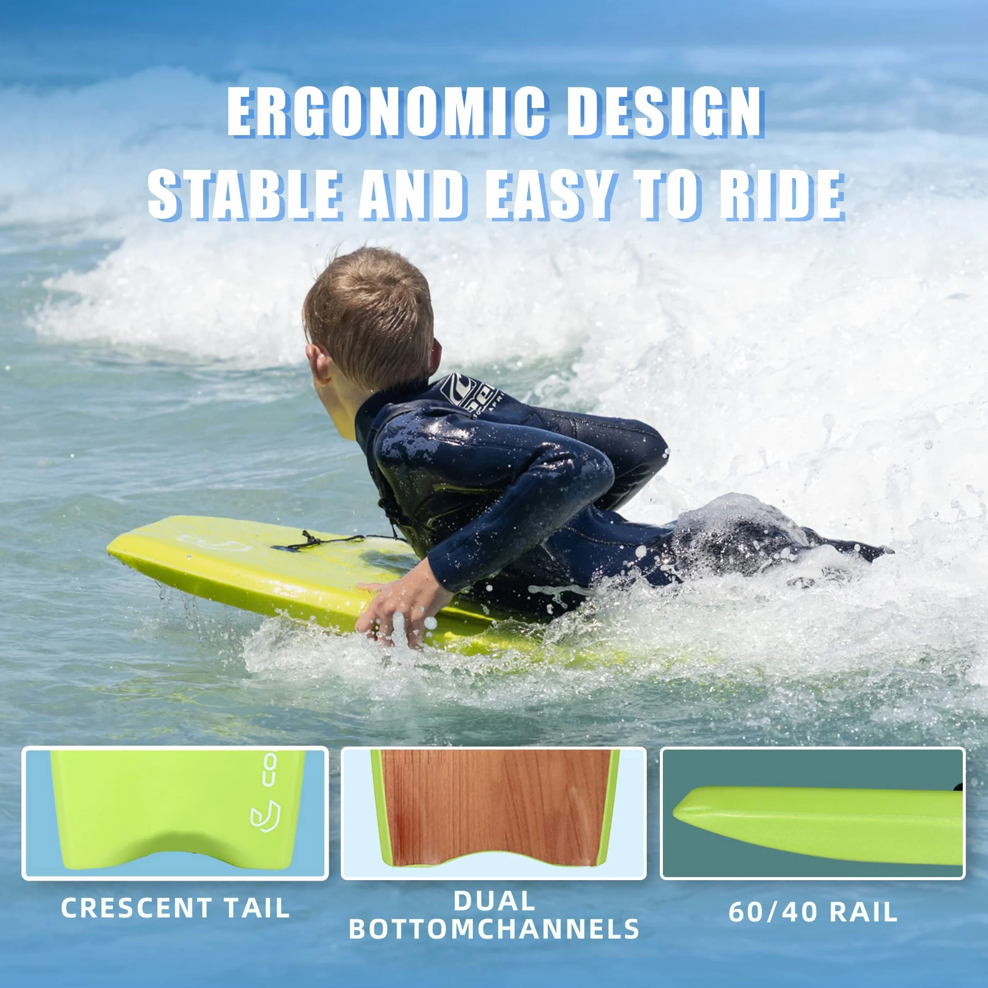 Body Board per spiaggia, leggero, resistente, con nucleo in EPS a doppio canale, doppio cavo girevole da polso a spirale, ideale per resort estivi e spiaggia divertente stemma