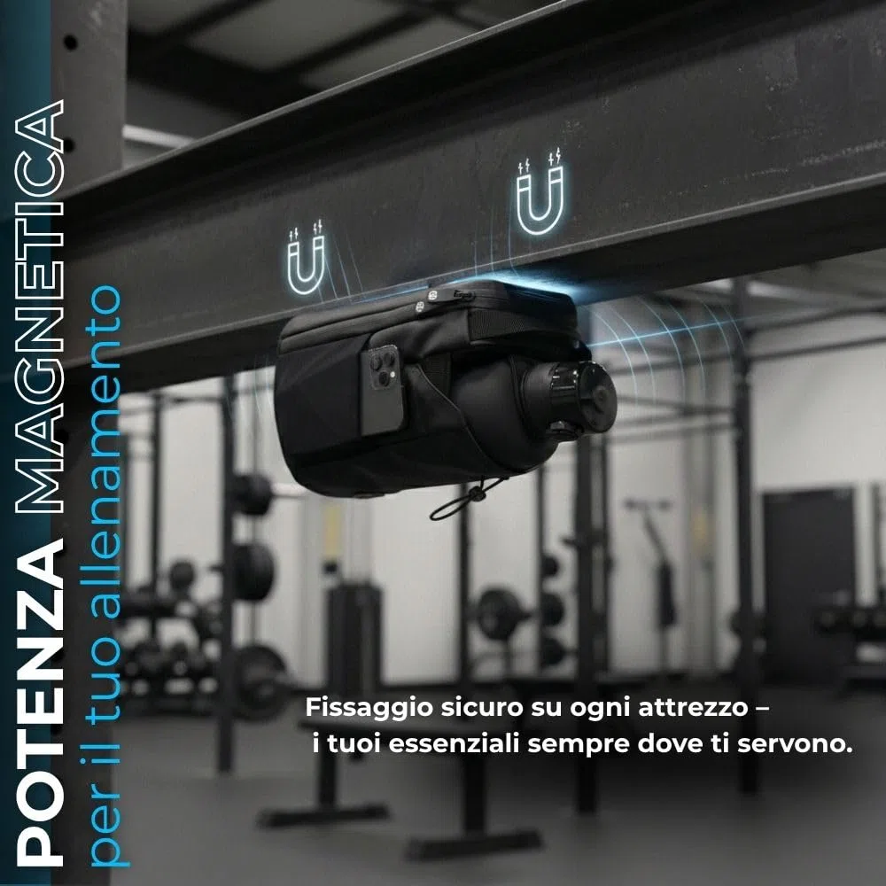 Borsa sportiva magnetica con portabottiglie da 1,5 l, portaborraccia, cellulare e accessori per allenamento, sport e uso quotidiano