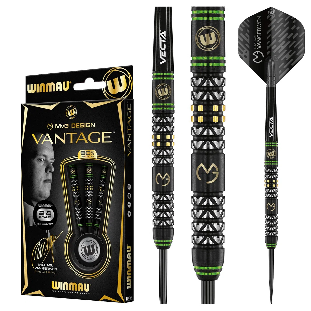 WINMAU Michael Van Gerwen MvG Vantage 24 Grammo Freccette in tungsteno con Prism Voli e Vecta Freccette Aste